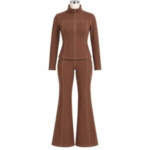 Needya Brown Flare Pants Jacket Set Women's Small S Y2K Matching Two Piece